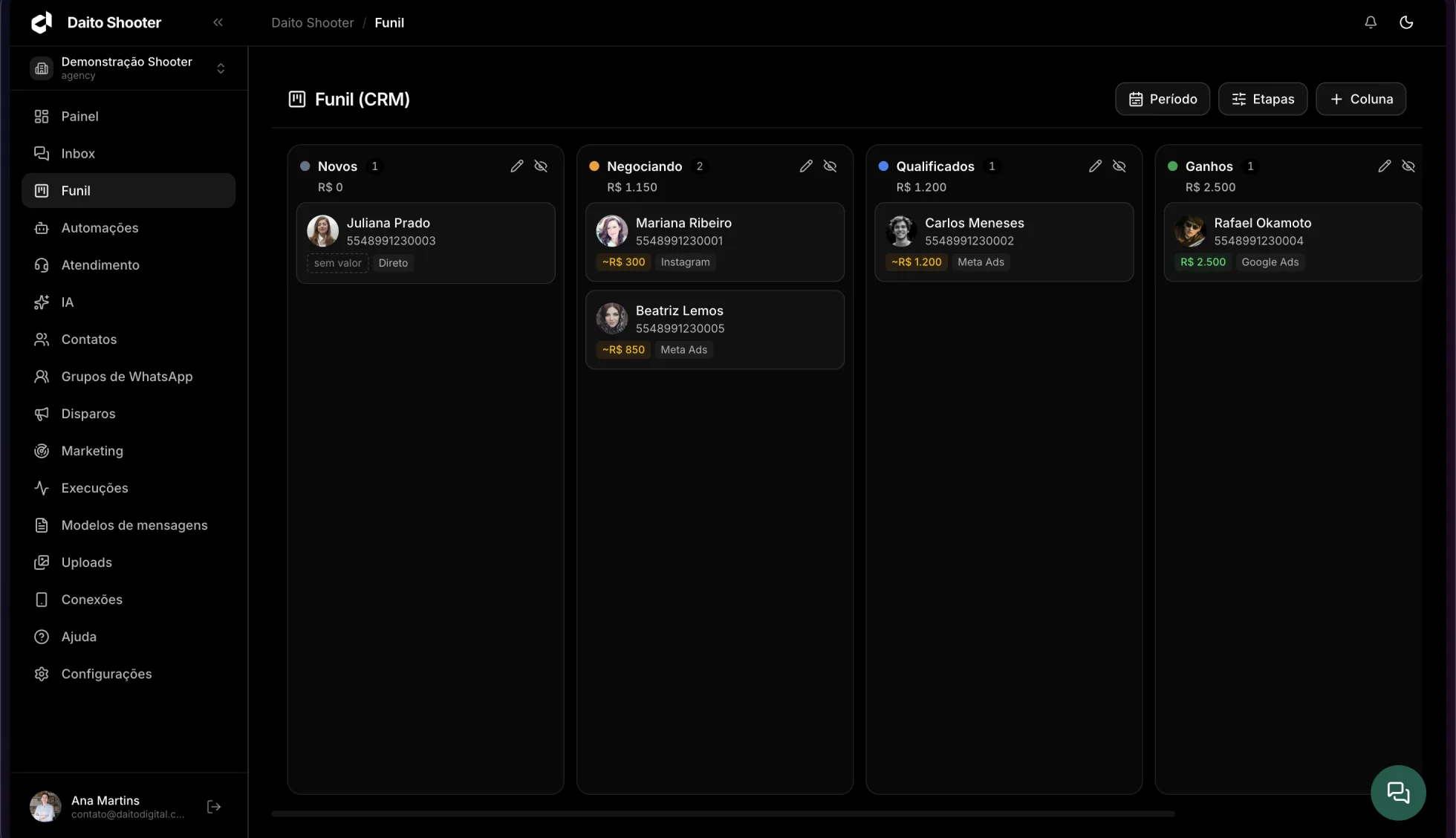 Funil em kanban do Shooter com quatro colunas, valor por etapa e a origem de cada lead